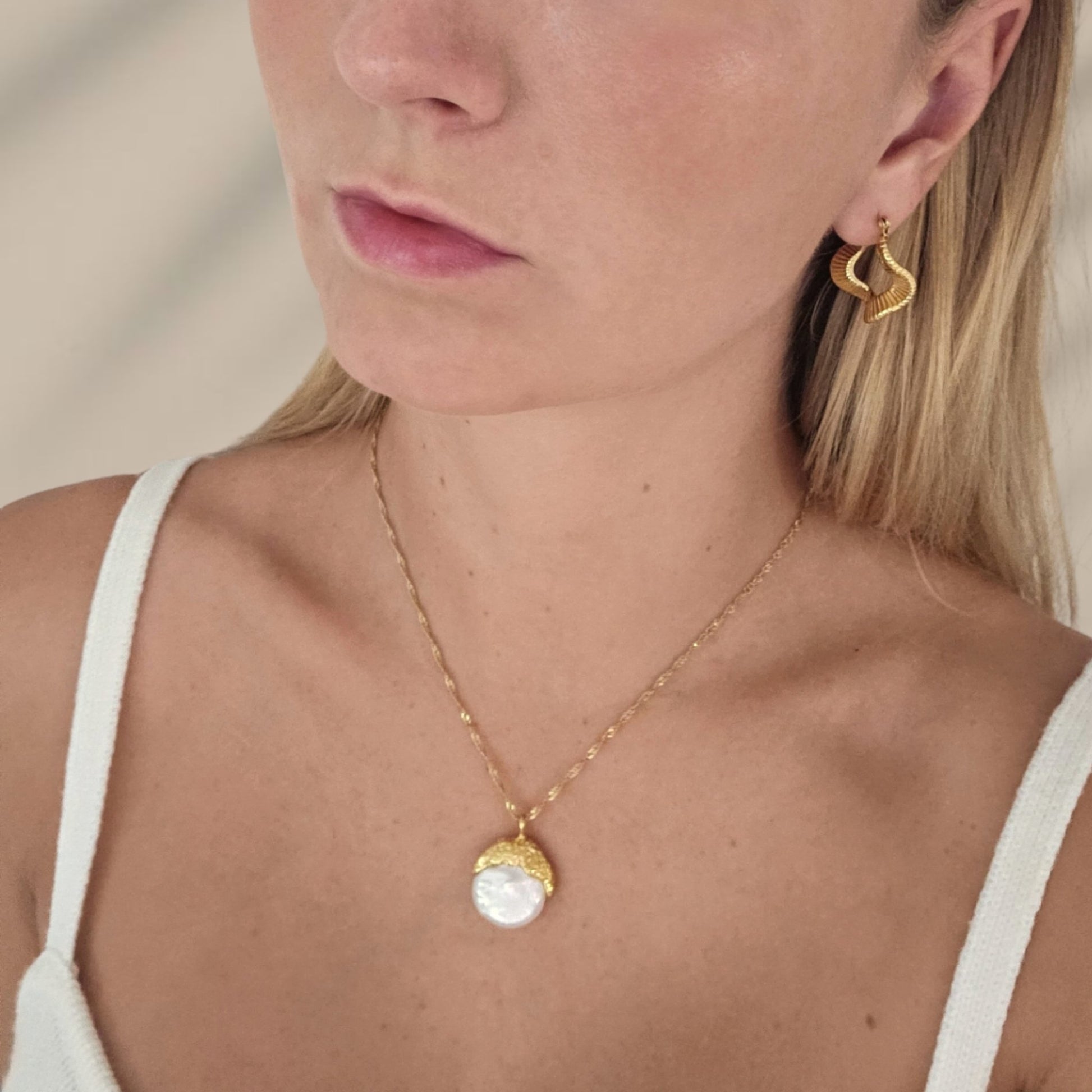Japanese Biwa Pearl Necklace, on model 